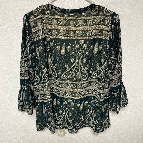 Skies are Blue Shirt Womens Small Green Cream Paisley Peasant Top Boho Bohemian - Picture 8 of 8